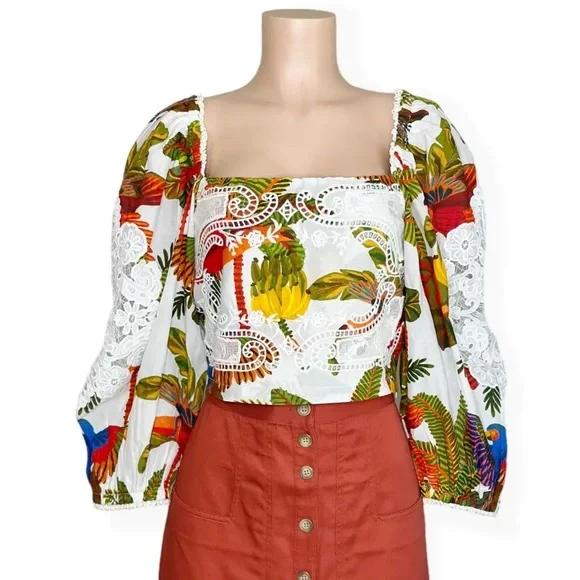 NWT Farm Rio Forest Birds crochet and guipure lace Cropped Blouse Size L - Picture 1 of 16